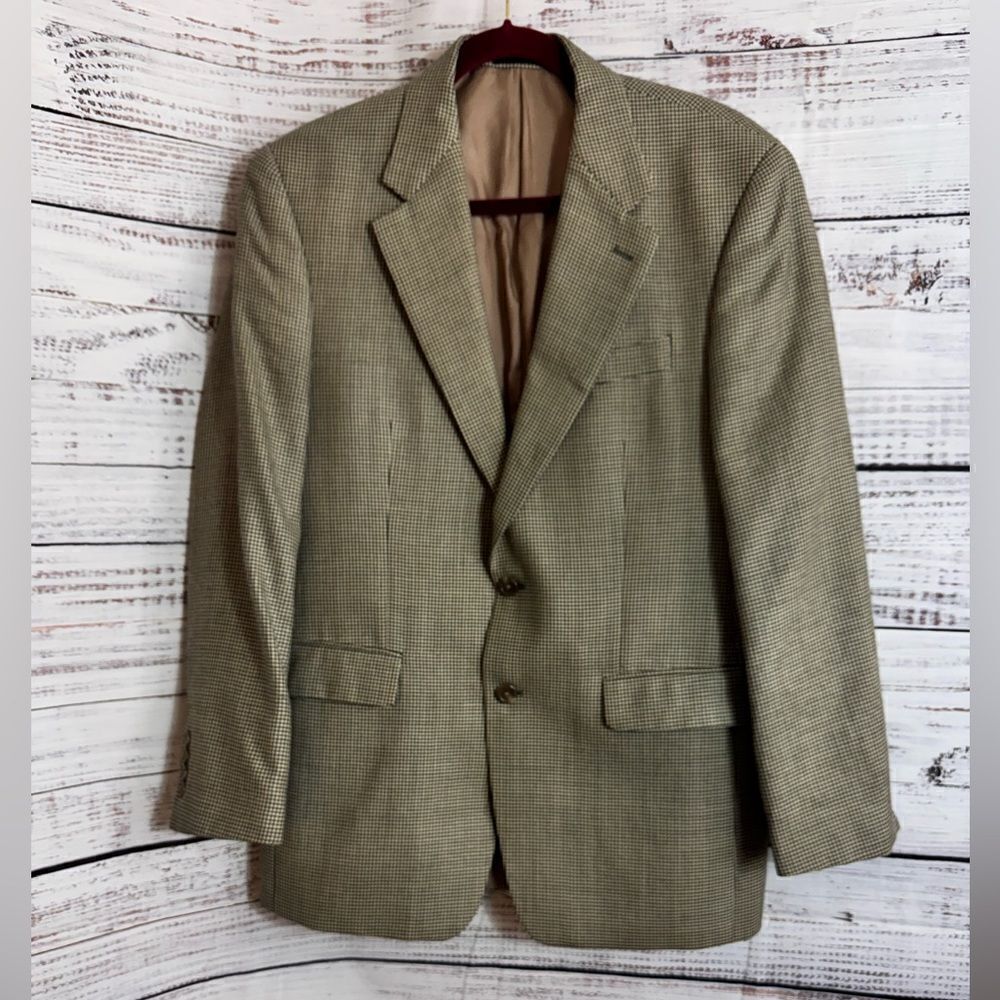 Lauren Ralph Lauren Blazer Mens Sz 40 Tan Houndstooth Sport Coat Silk Wool Blend